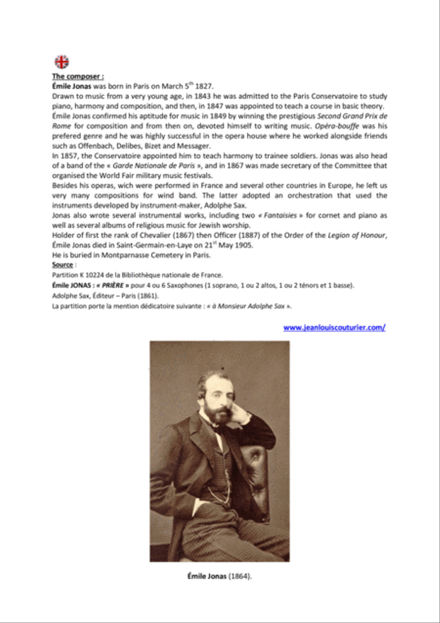 Emile JONAS (1827-1905) PRIERE for Saxophone Quintet (SAATB) Saxophone Quintet scores gallery preview page 3