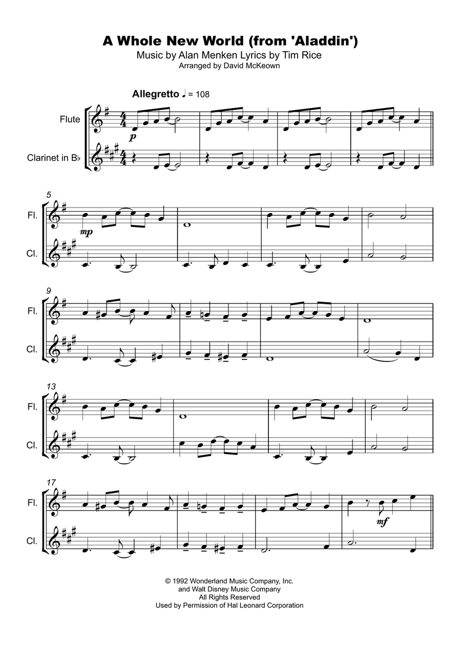 A Whole New World (from 'Aladdin') Woodwind Duet scores gallery preview page 2