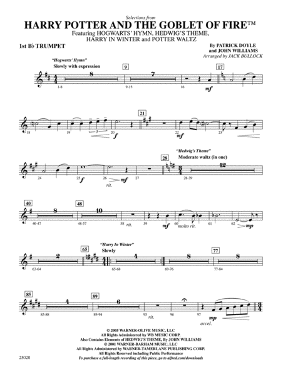 Harry Potter and the Goblet of Fire,™ Selections from: 1st B-flat Trumpet Full Orchestra scores gallery preview page 1