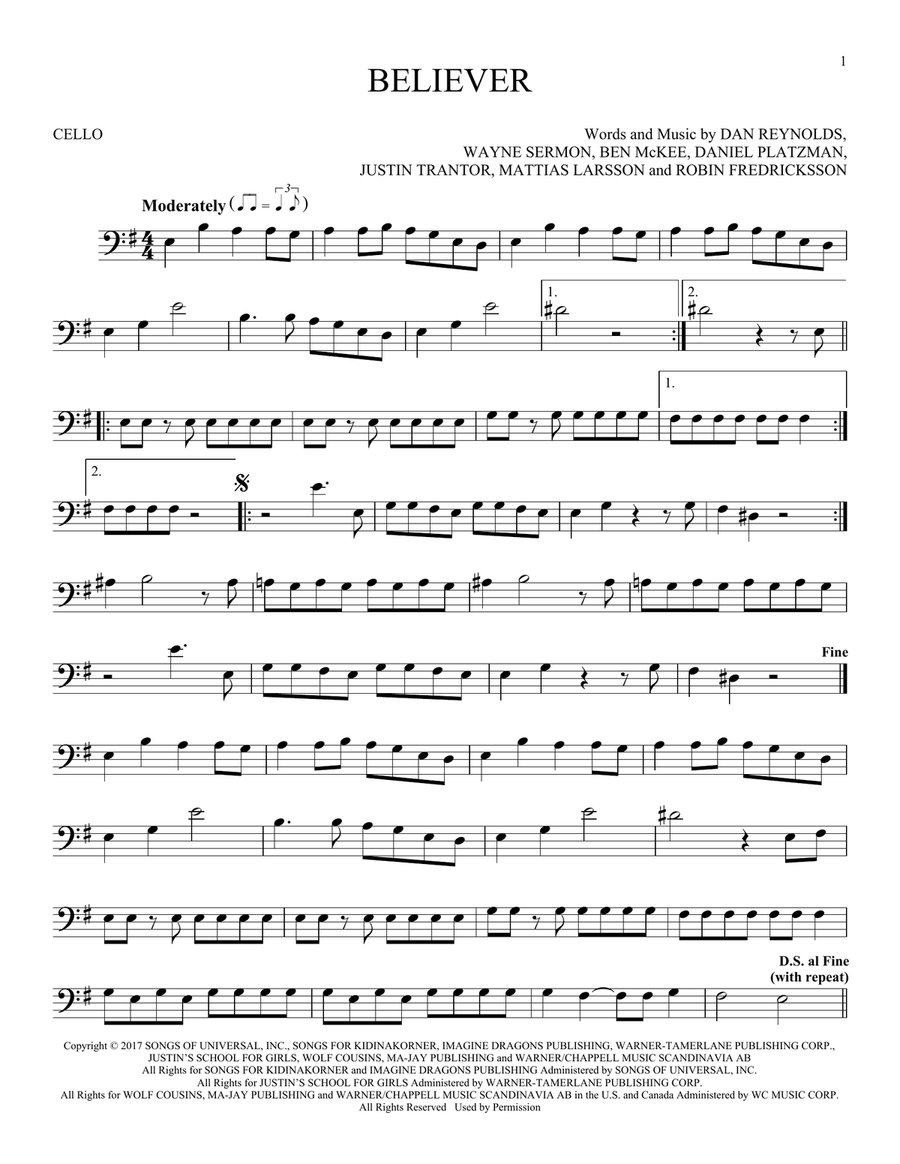 Believer Believer Cello Solo scores gallery preview page 1