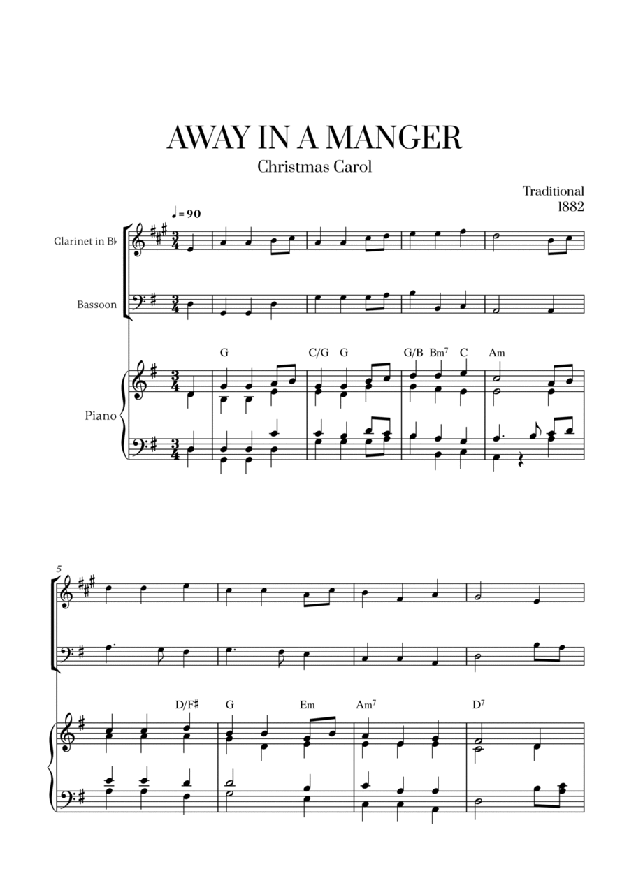 Away in a Manger for Clarinet, Bassoon and Piano Woodwind Duet scores gallery preview page 1