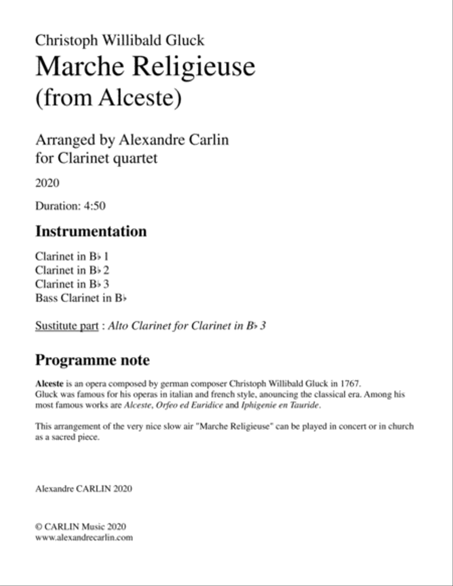 Marche Religieuse (from Alceste) by Gluck - Arranged for Clarinet Quartet Clarinet Quartet scores gallery preview page 3
