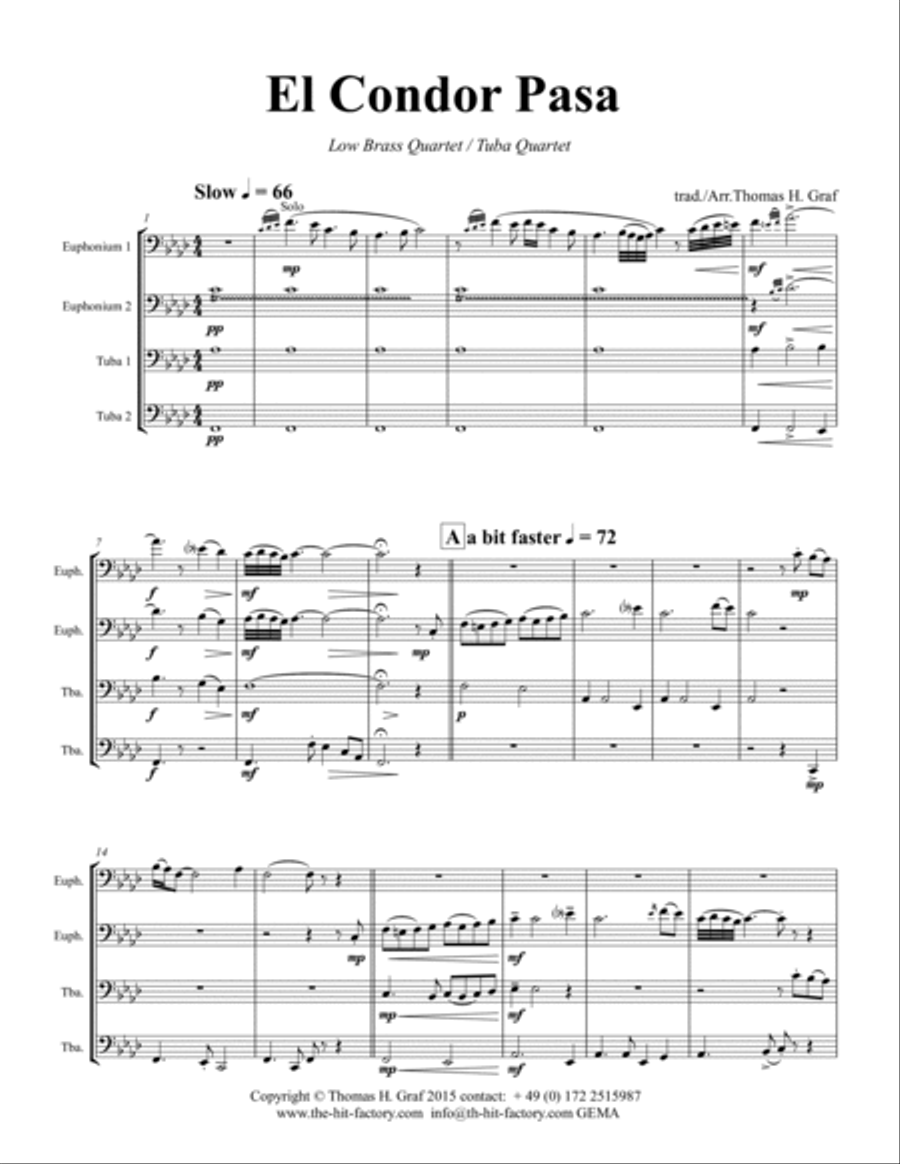 El Condor Pasa - Peruvian Folk Song - Low Brass Quartet Tuba Quartet - Ab Brass Quartet scores gallery preview page 2