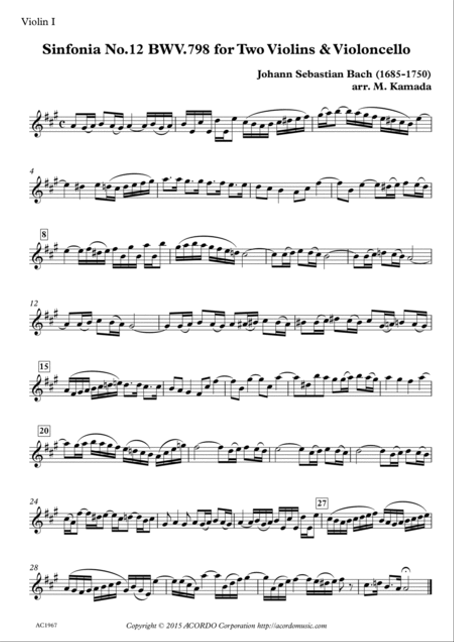 Sinfonia No.12 BWV.798 for Two Violins & Violoncello String Duet scores gallery preview page 3