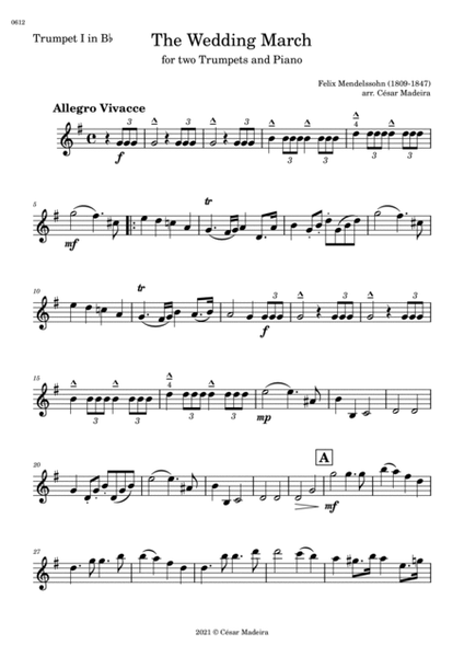 The Wedding March for two Trumpets and Piano (Full Score and Parts) image number null