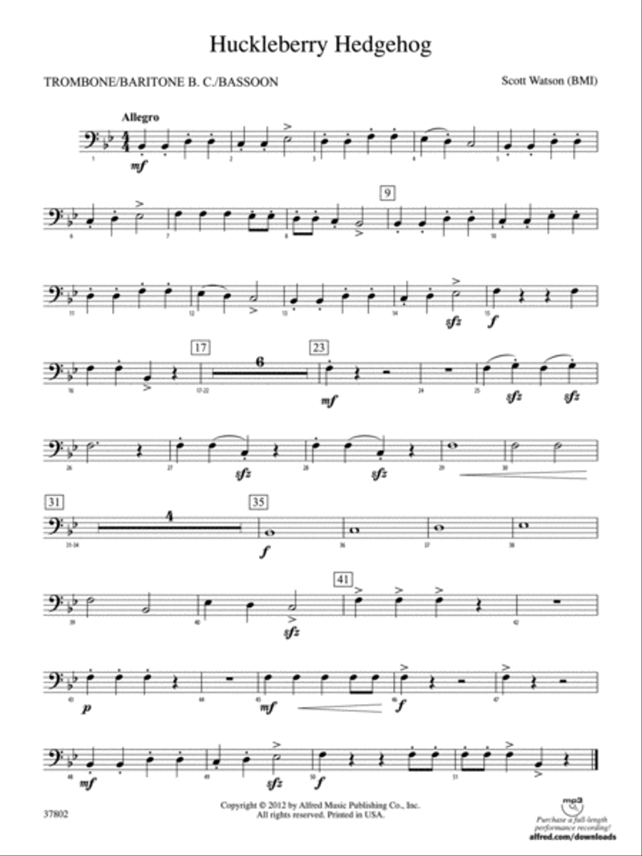Huckleberry Hedgehog: 1st Trombone Concert Band scores gallery preview page 1