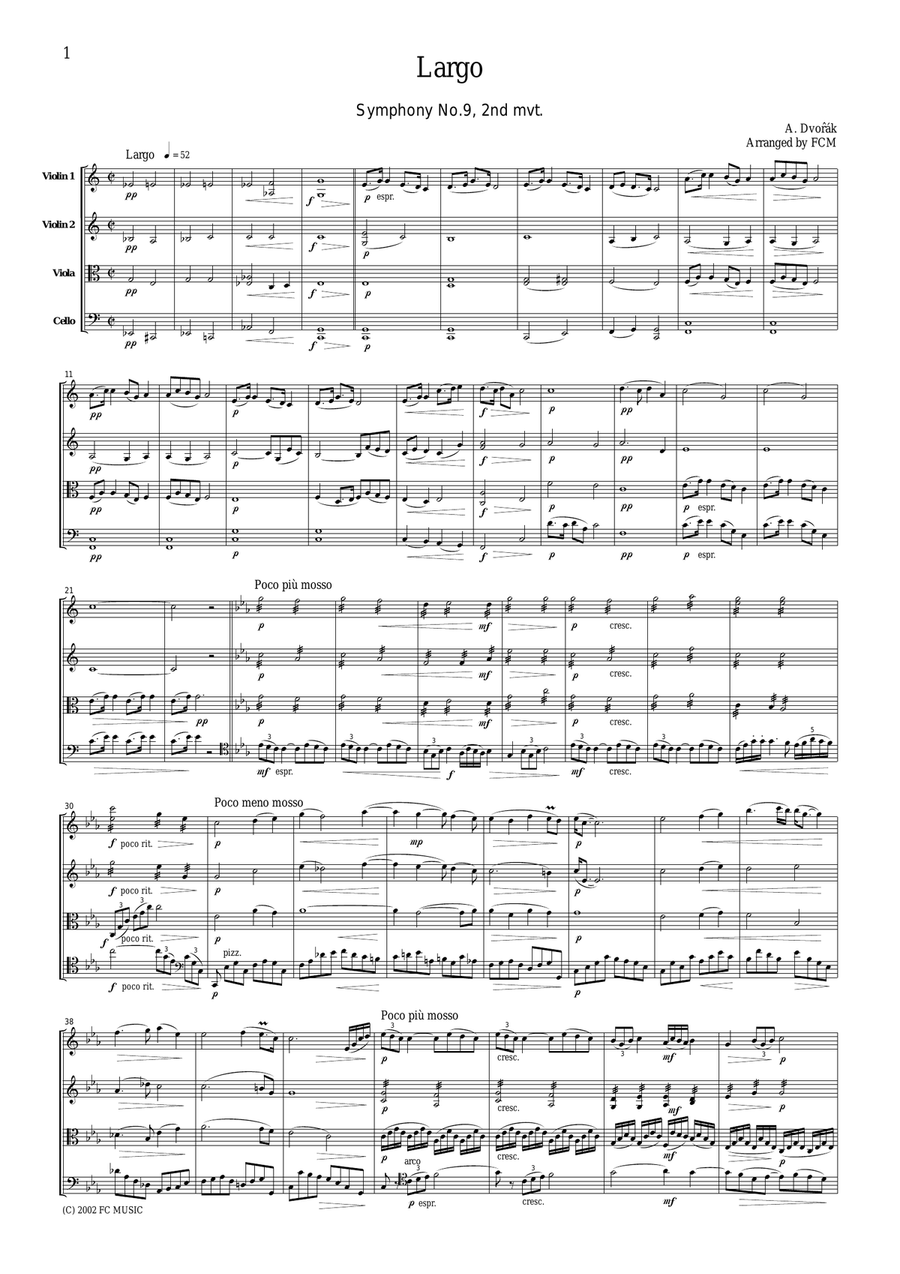 Dvorak Largo from Symphony No.9, 2nd mvt., for string quartet, CD203 String Quartet scores gallery preview page 1