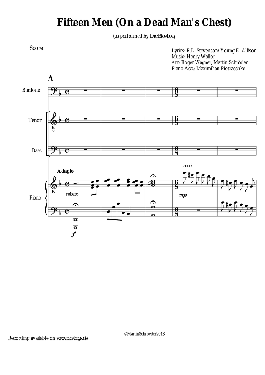 Fifteen Men on a Dead Man's Chest - Sea Song / Pirate Song (TTBB) arranged for men's choir and piano TTBB scores gallery preview page 2