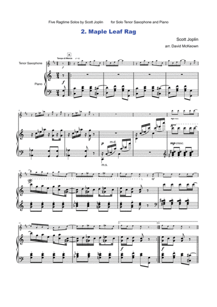 Five Ragtime Solos by Scott Joplin for Tenor Saxophone and Piano