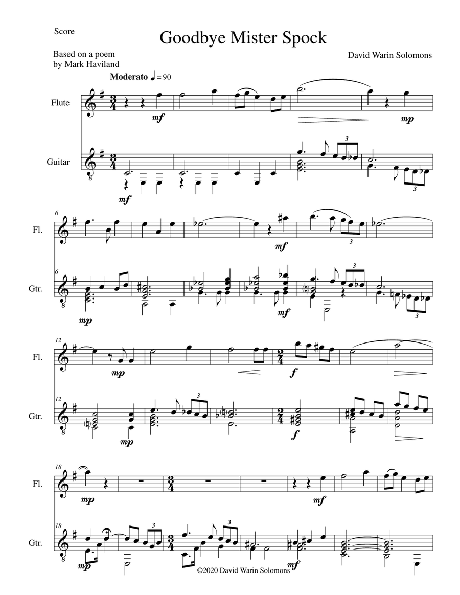 Goodbye Mister Spock for flute and guitar Flute scores gallery preview page 1