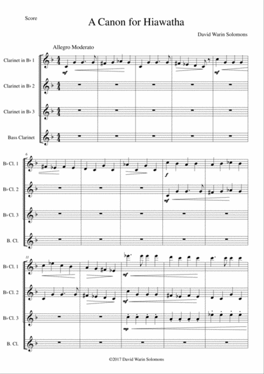 Hiawatha (A Canon for Hiawatha) for clarinet quartet (3 clarinets, 1 bass clarinet) Clarinet Quartet scores gallery preview page 1