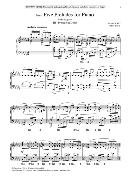 Five Preludes For Piano, III. Prelude In D-Flat