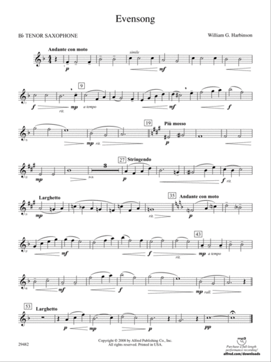 Evensong: B-flat Tenor Saxophone Concert Band scores gallery preview page 1