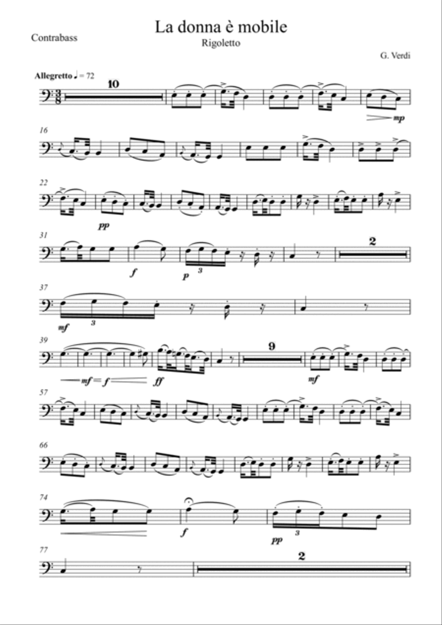 Giuseppe Verdi - La donna e mobile (Rigoletto) Double Bass - C Key String Duet scores gallery preview page 6