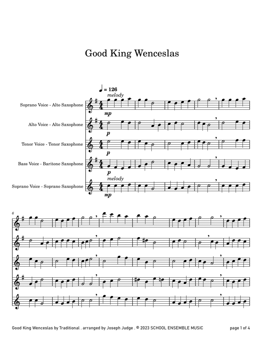 Good King Wenceslas for Saxophone Quartet in Schools Saxophone Quartet scores gallery preview page 1
