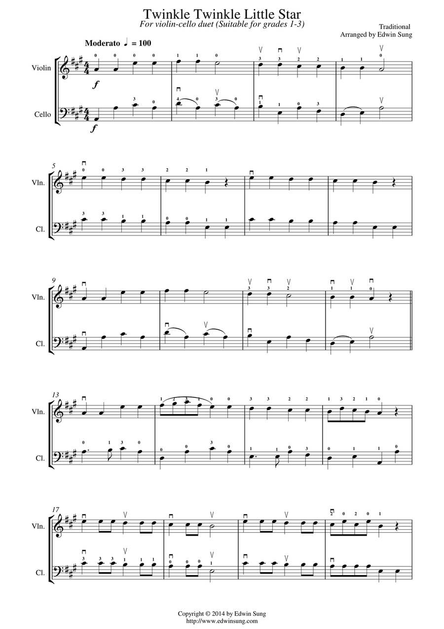 Twinkle Twinkle Little Star (for violin-cello duet, suitable for grades 1-3) String Duet scores gallery preview page 1