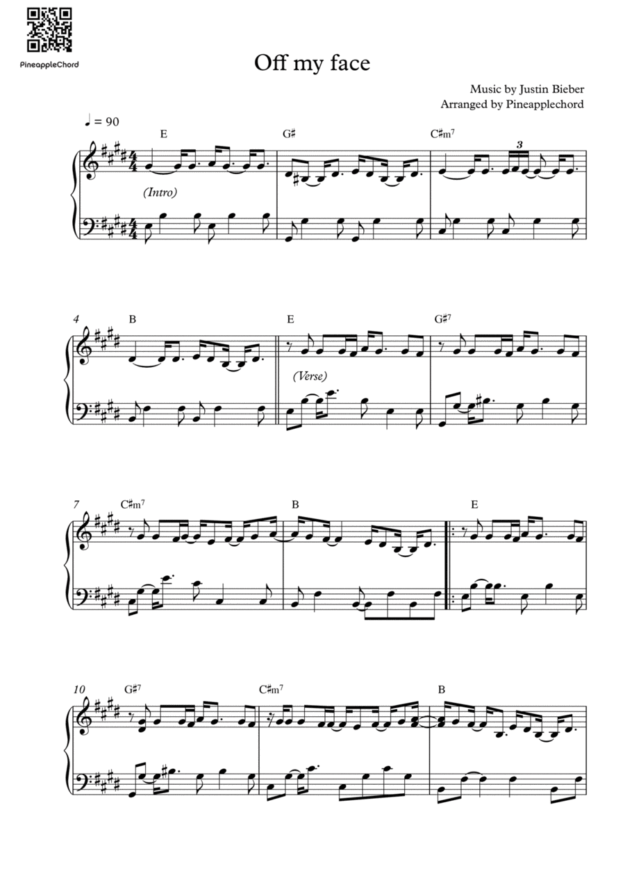 Off My Face Piano Solo scores gallery preview page 1