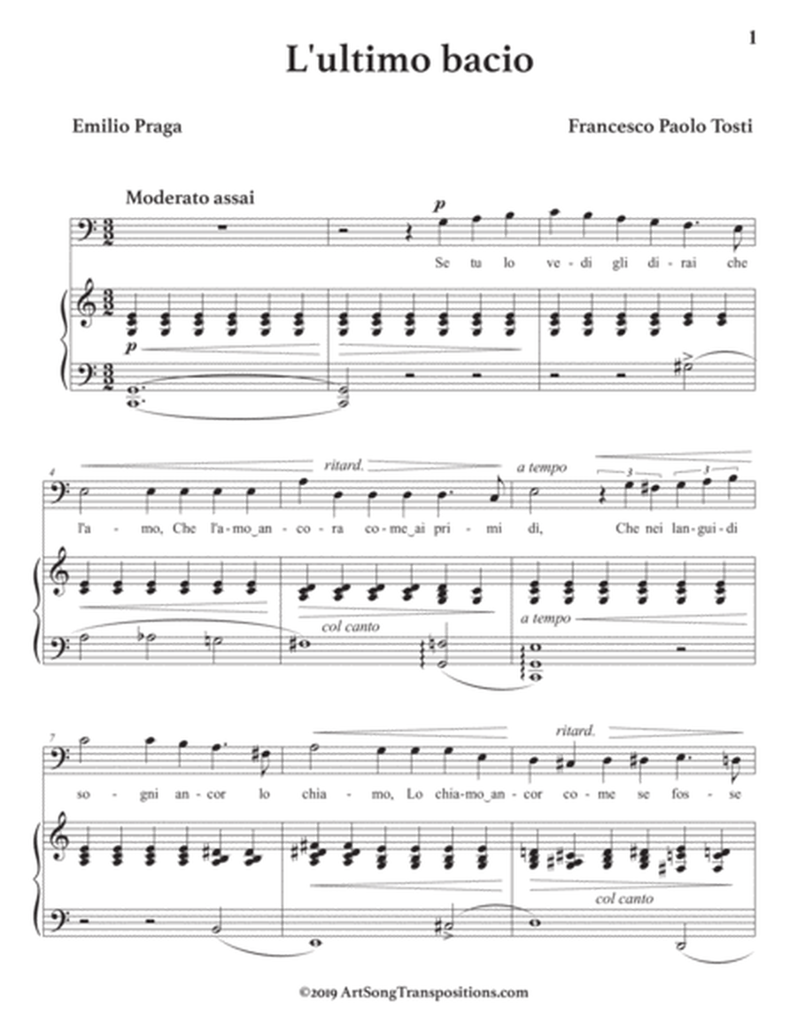 TOSTI: L'ultimo bacio (transposed to C major, bass clef)