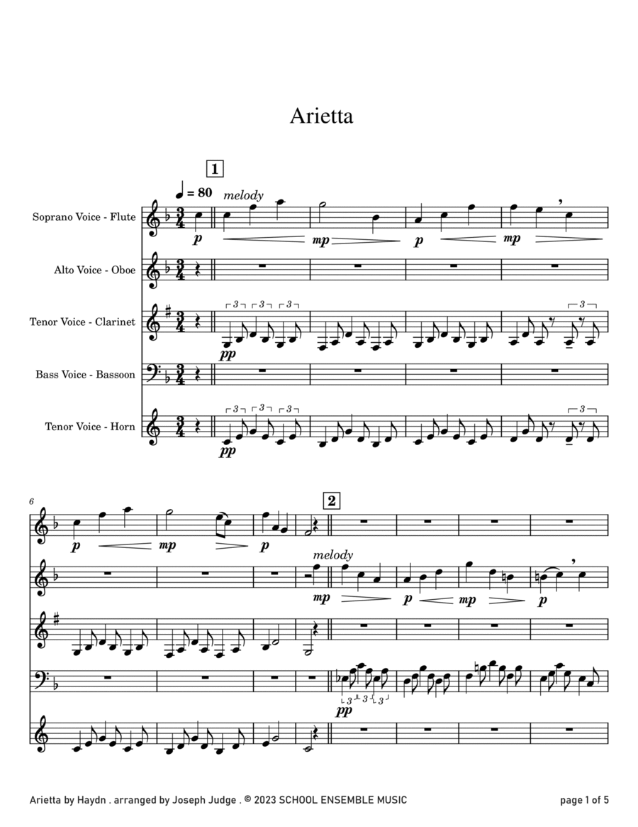 Arietta by Haydn for Woodwind Quartet in Schools image number null