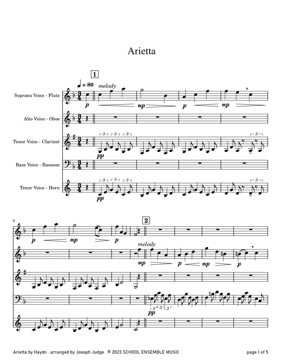 Arietta by Haydn for Woodwind Quartet in Schools Arietta by Haydn for Woodwind Quartet in Schools Woodwind Quartet scores gallery preview page 1