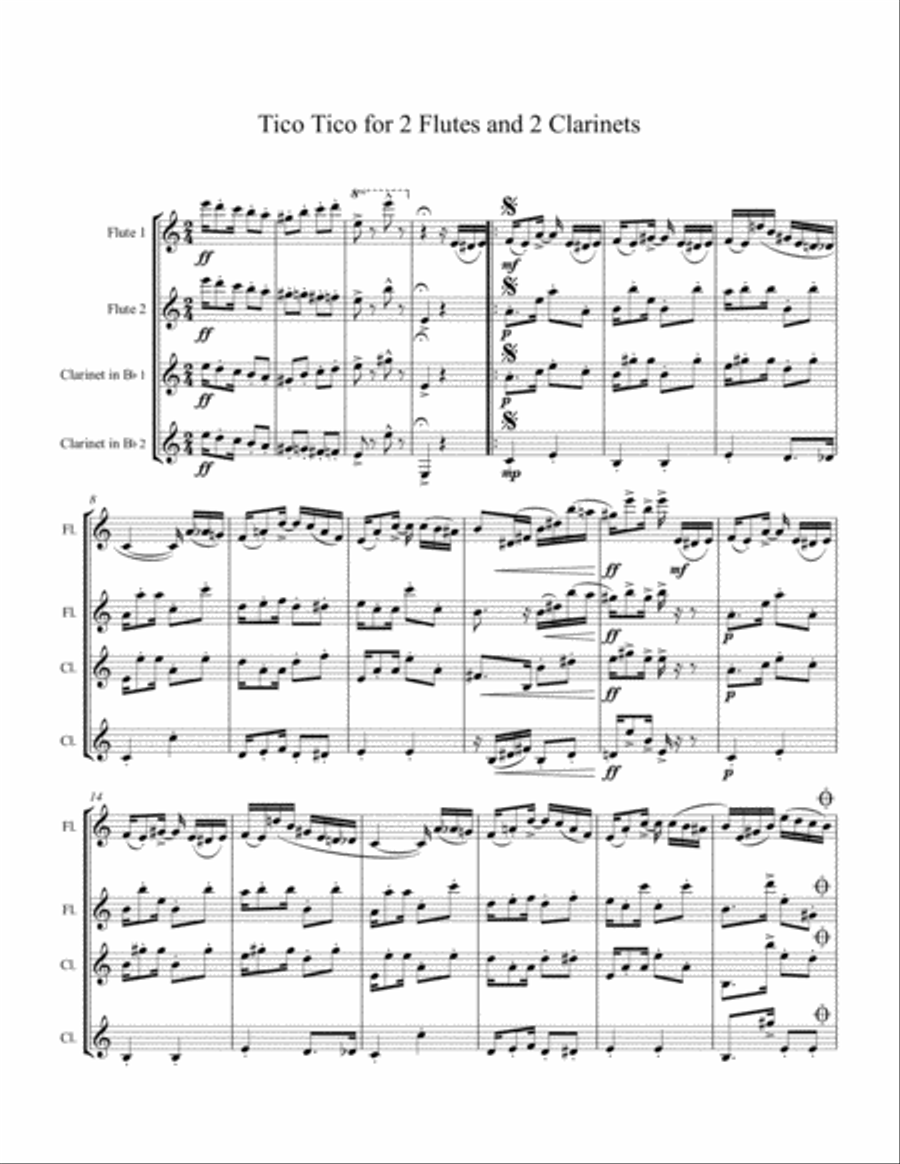 Tico-Tico (Chôro Sapéca Tico Tico no fubá) Woodwind Quartet scores gallery preview page 1