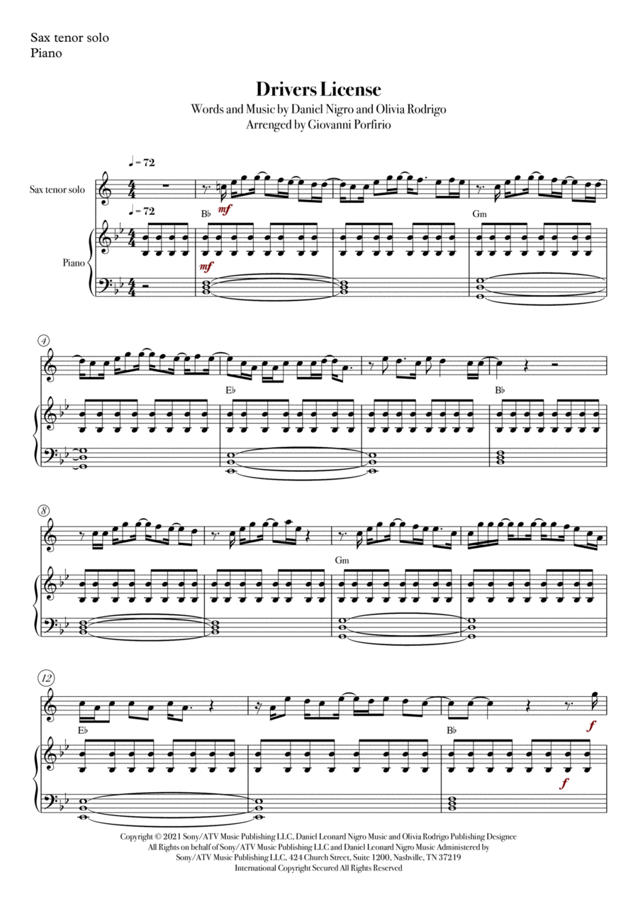 Drivers License Drivers License Tenor Saxophone scores gallery preview page 1