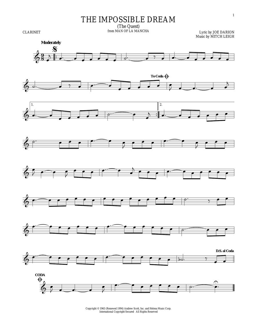 The Impossible Dream (The Quest) Clarinet Solo scores gallery preview page 1