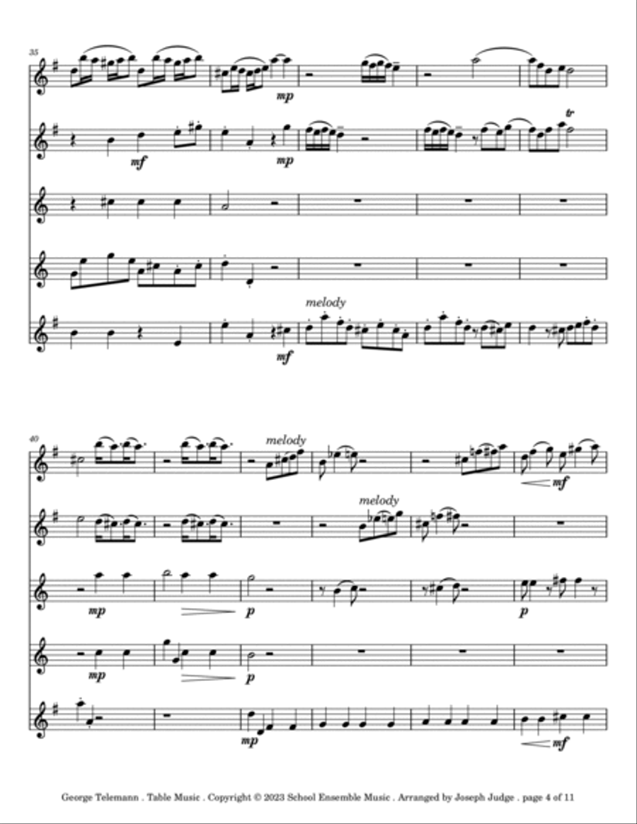 Table Music by Telemann for Saxophone Quintet in Schools Saxophone Quintet scores gallery preview page 4