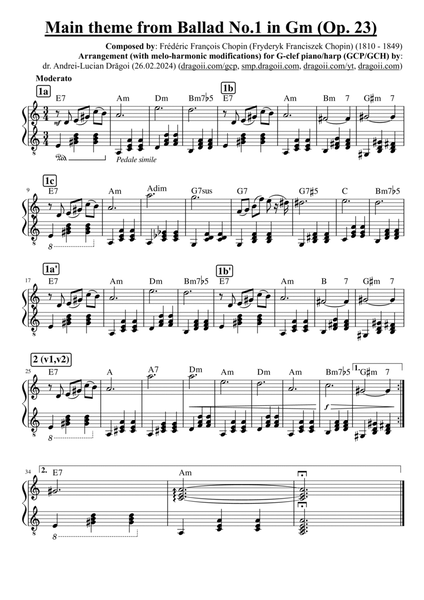 Chopin (F.) - Main theme from Ballad No.1 in Gm (Op. 23) -- G-clef piano/harp (GCP/GCH) arr. in Am image number null
