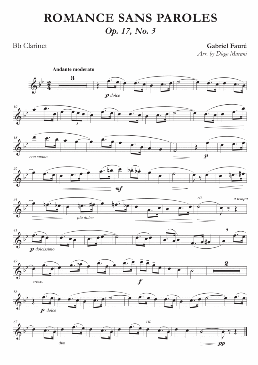 Romances Sans Paroles Op. 17, No. 3 for Clarinet and Piano B-Flat Clarinet scores gallery preview page 1