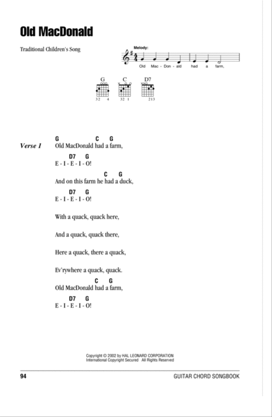 Old MacDonald Easy Guitar scores gallery preview page 1