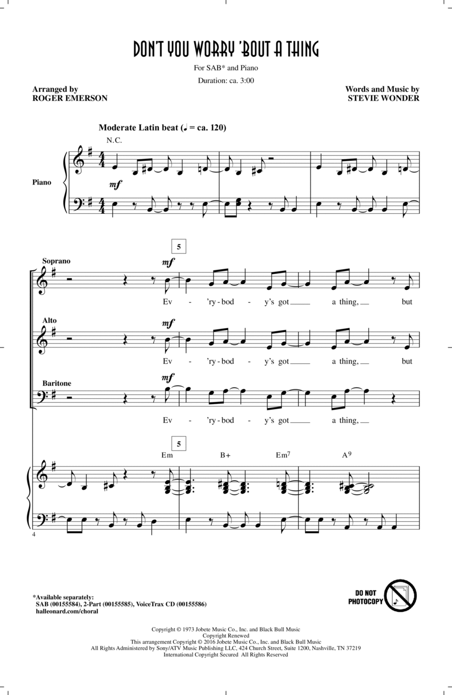 Don't You Worry 'Bout A Thing (arr. Roger Emerson) 3-Part scores gallery preview page 1