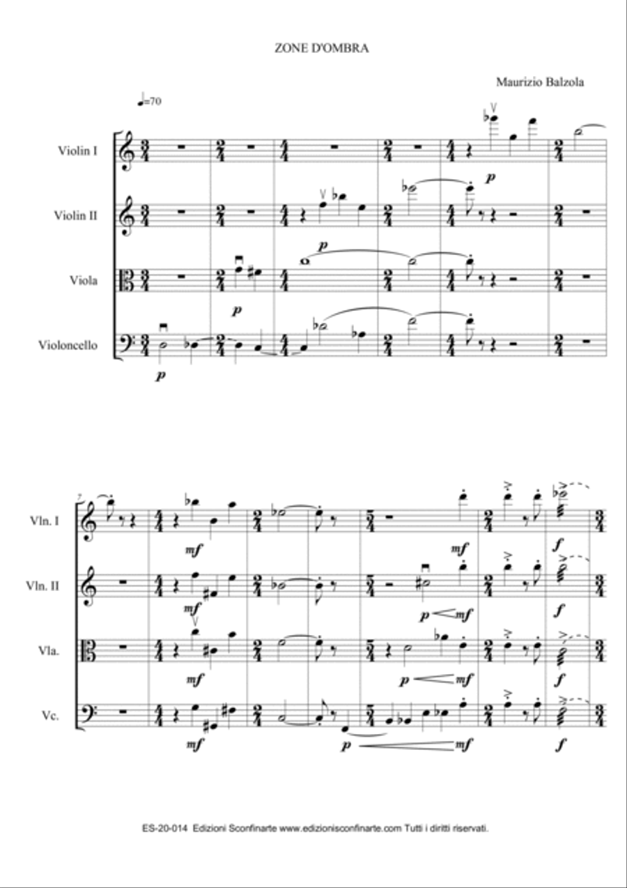 Maurizio Balzola: ZONE D’OMBRA (ES-20-014) - Score Only String Quartet scores gallery preview page 2