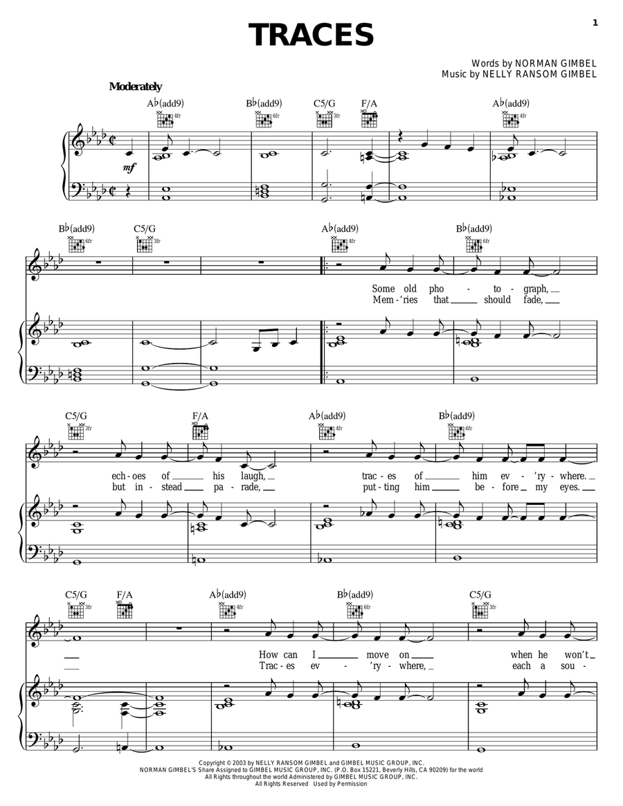 Traces Traces Piano, Vocal, Guitar scores gallery preview page 1