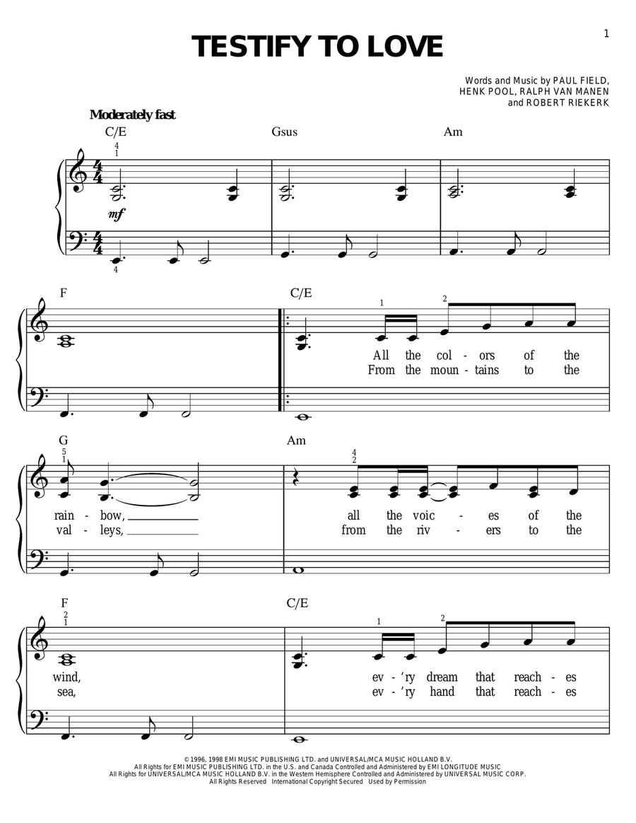 Testify To Love Easy Piano scores gallery preview page 1