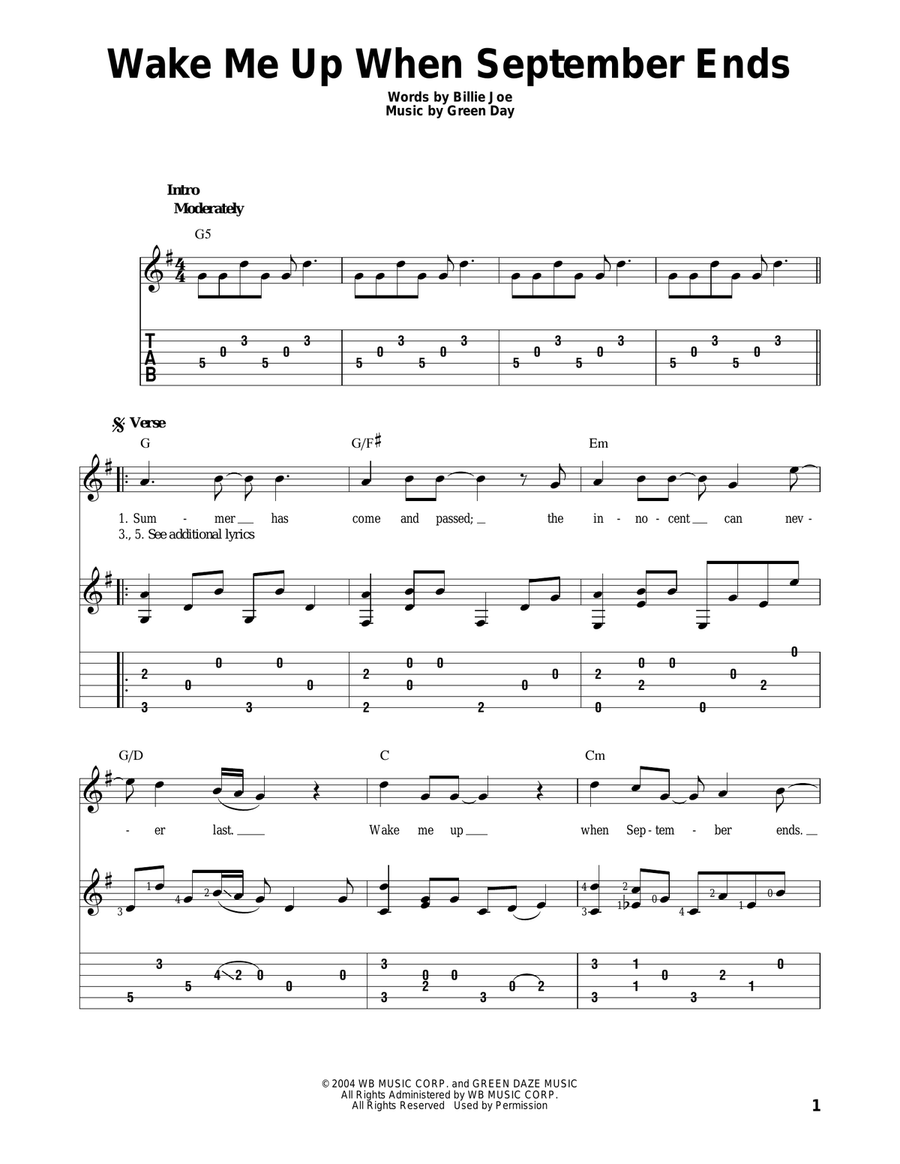 Wake Me Up When September Ends Acoustic Guitar scores gallery preview page 1
