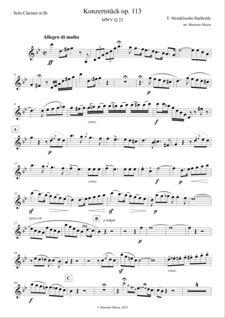 F. Mendelssohn Bartholdy Konzertstück op. 113 for Clarinet, Basset Horn and Orchestra – Transcrip Woodwind Ensemble scores gallery preview page 1