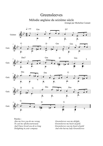 Greensleeves - Mélodie anglaise du seizième siècle - Arrangée pour guitare par Micheline Cumant image number null