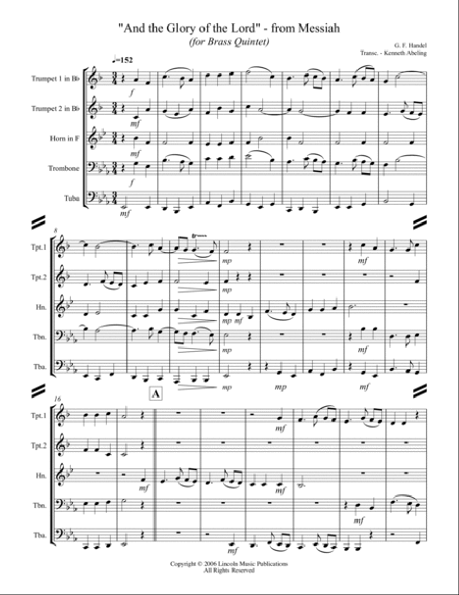 Handel - And the Glory of the Lord from Messiah (for Brass Quintet) Brass Quintet scores gallery preview page 2