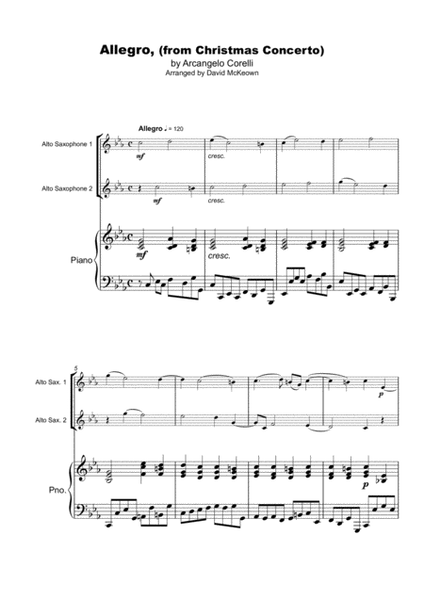 Christmas Concerto, Allegro, by Corelli; for Alto Saxophone Duet or Solo, with optional Piano