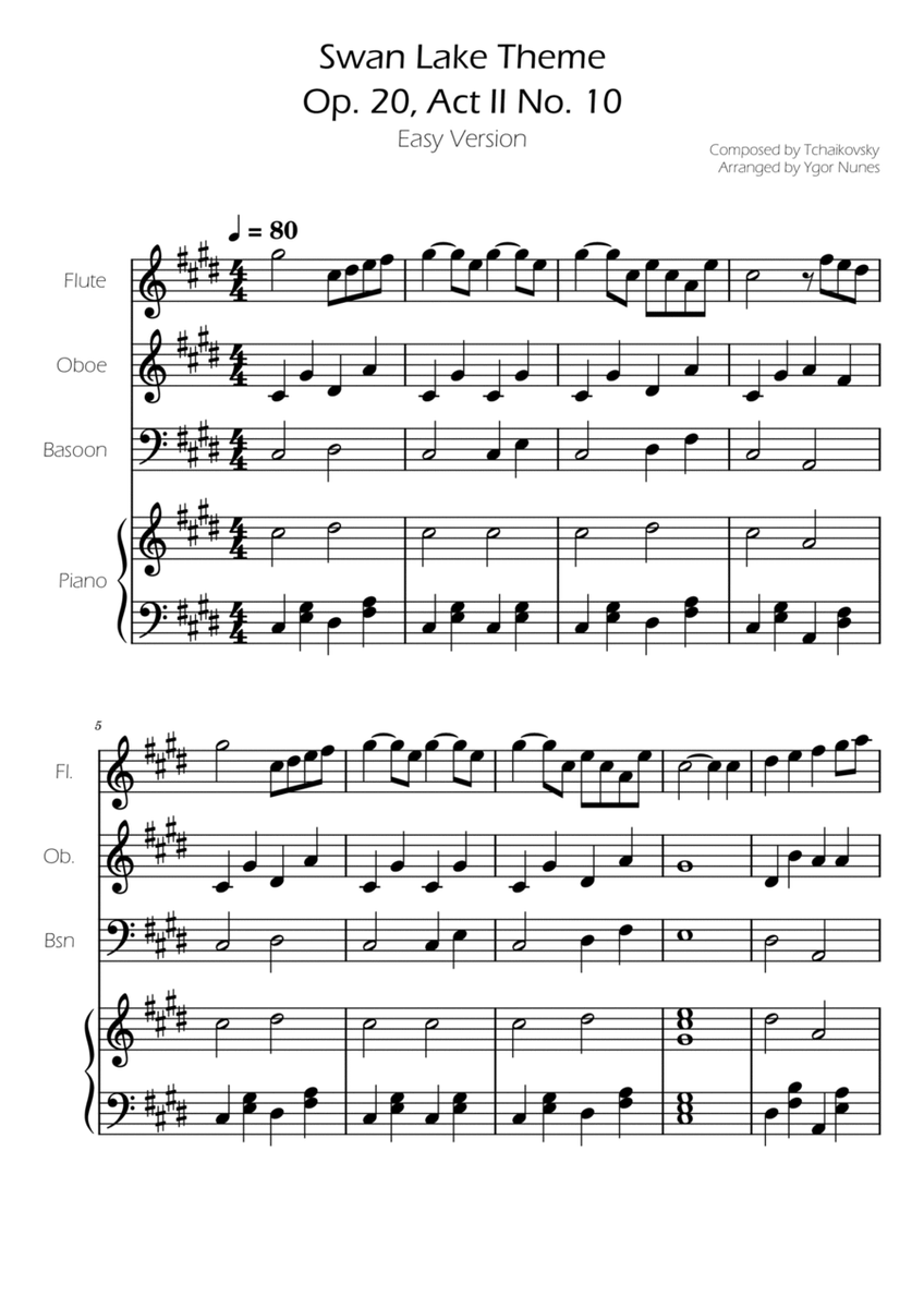 Swan Lake (theme) - Tchaikovsky - fl, ob, bsn Trio w/ Piano Accompaniment image number null