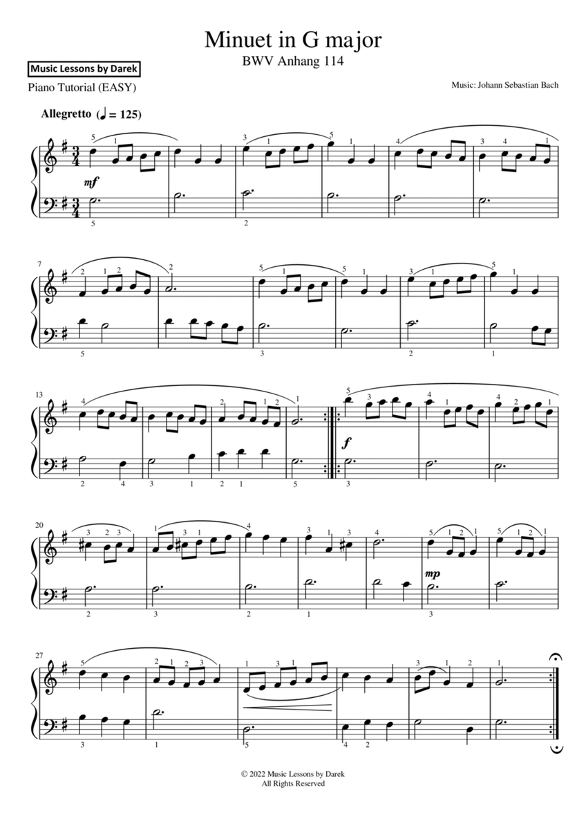 Minuet in G major (EASY PIANO) BWV Anhang 114 [Johann Sebastian Bach] image number null