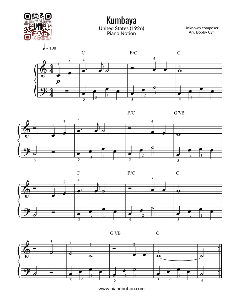 Kumbaya My Lord - Kum Ba Yah (Easy Piano Solo) Easy Piano scores gallery preview page 1