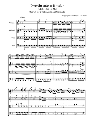 Book cover for Mozart - Divertimento in D major, K.136/125a - 1st Mov String Quartet Original Score and Parts
