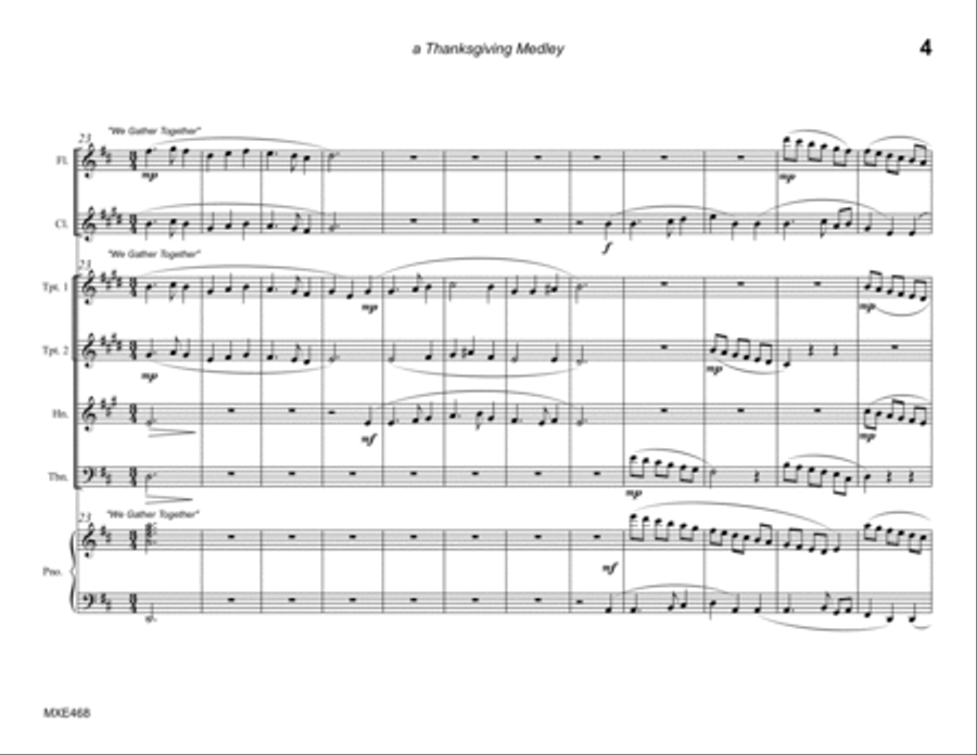 THANKSGIVING MEDLEY (4 hymn medley) - MIXED ENSEMBLE (Flute, Clarinet, 2 Trumpets, Horn & Trombone) Large Ensemble scores gallery preview page 4