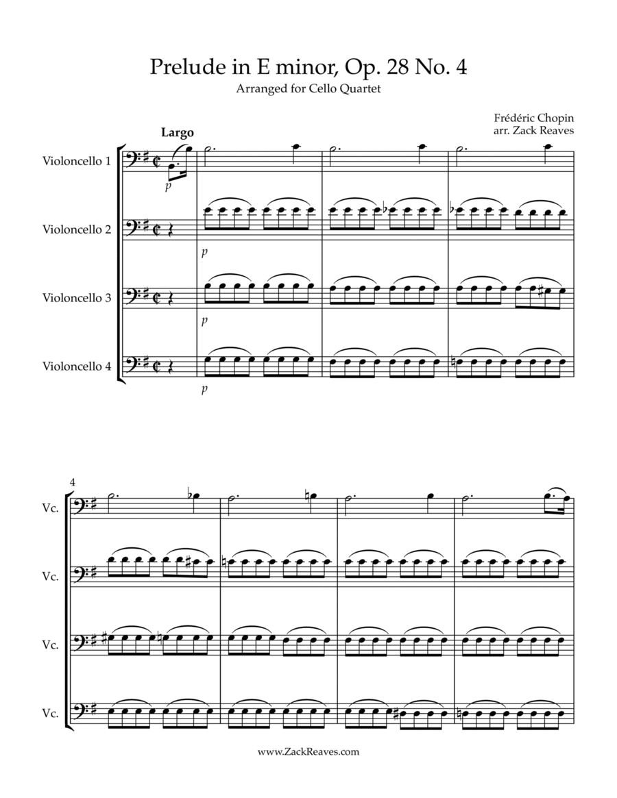 Chopin - Prelude in E minor, Op. 28 No. 4 (Arranged for Cello Quartet) Small Ensemble scores gallery preview page 1
