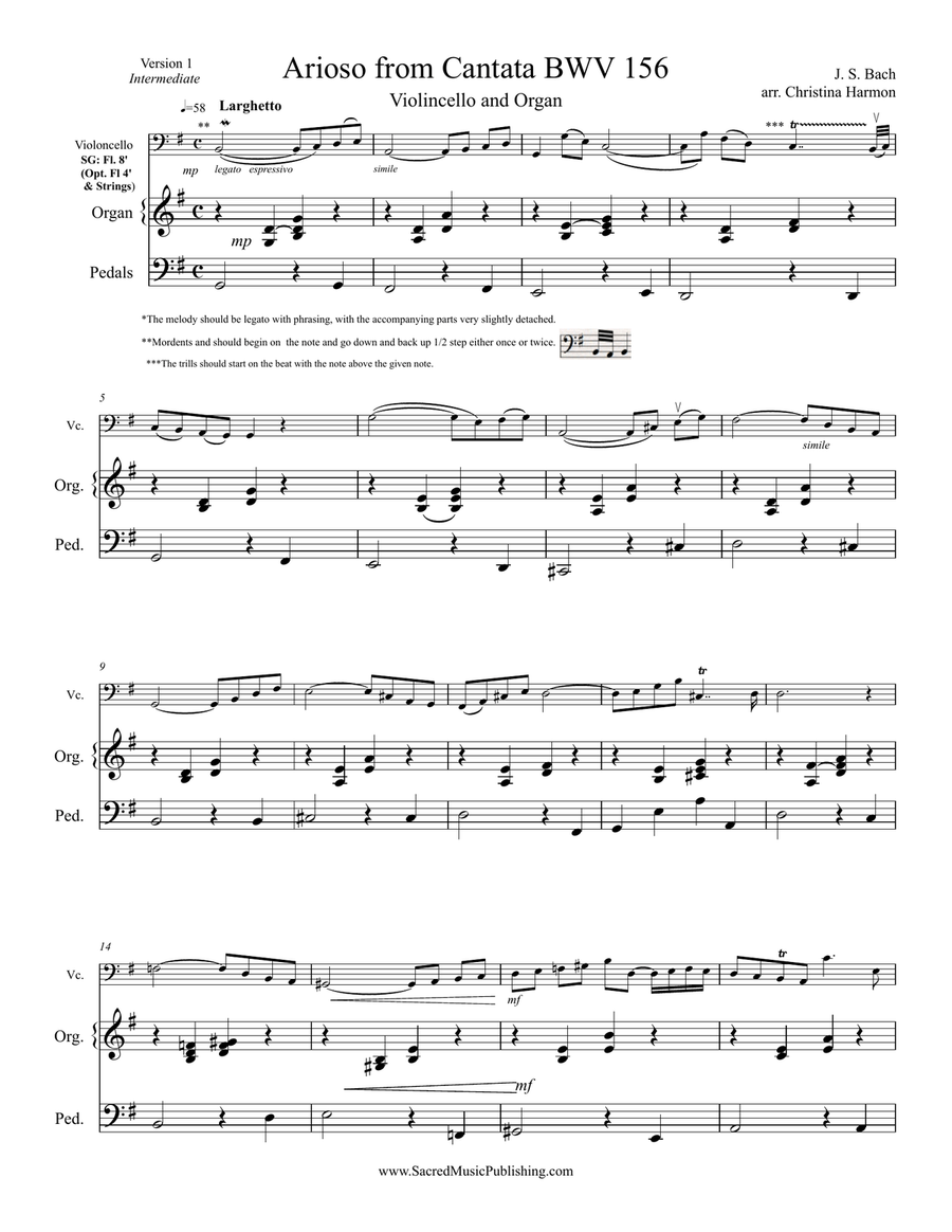 Arioso from Cantata BWV 156 (Int) – Cello and Organ String Duet scores gallery preview page 2