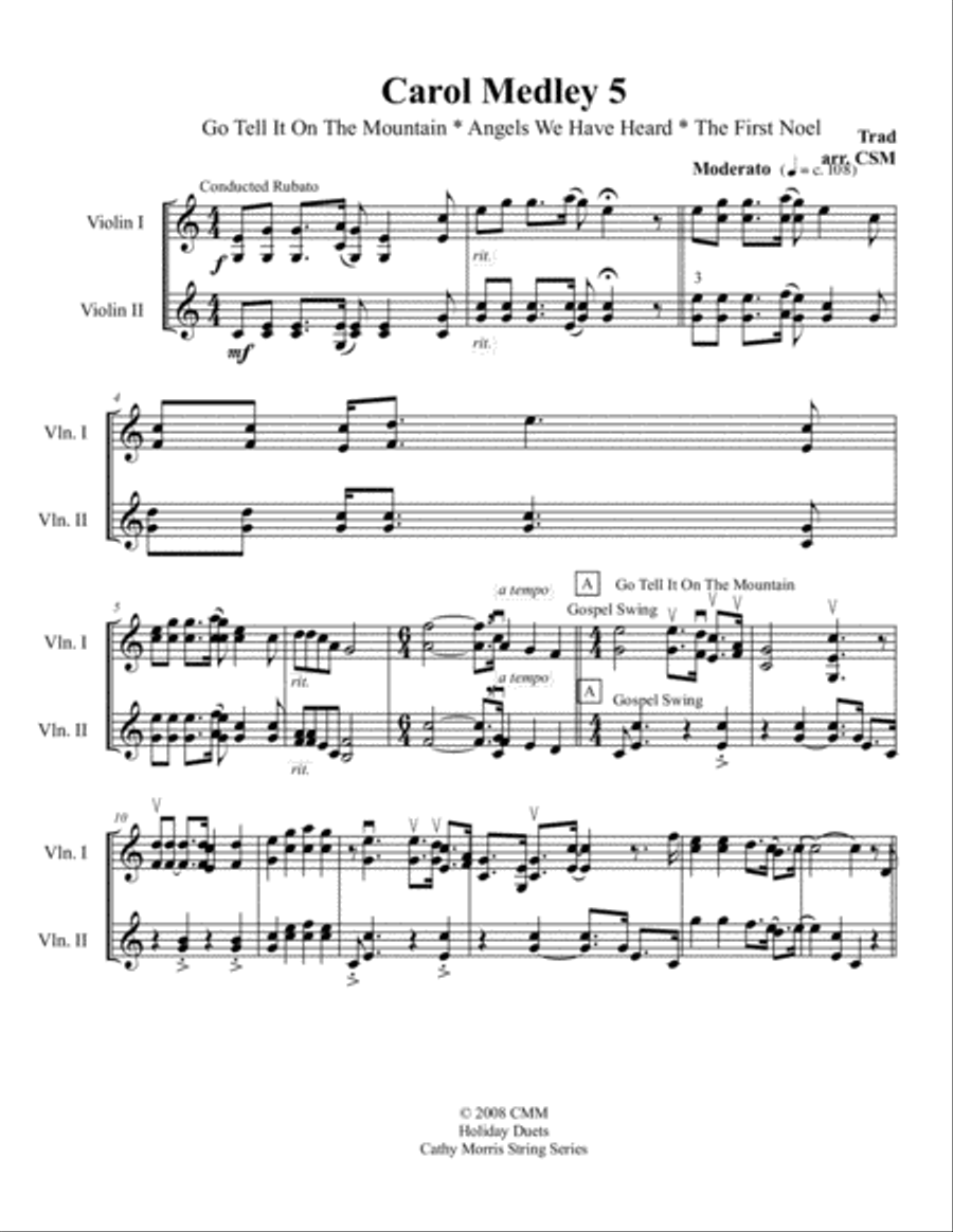 Carol Medley 5 Duo Violin Go Tell It On The Mountain / Angels We Have Heard On High / The First Noel String Duet scores gallery preview page 2