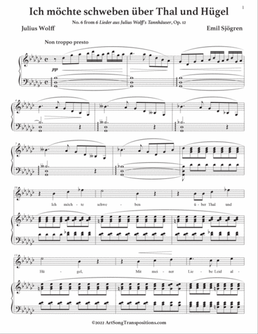 SJÖGREN: Ich möchte schweben über Thal und Hügel, Op. 12 no. 6 (transposed to G-flat major) Voice scores gallery preview page 2