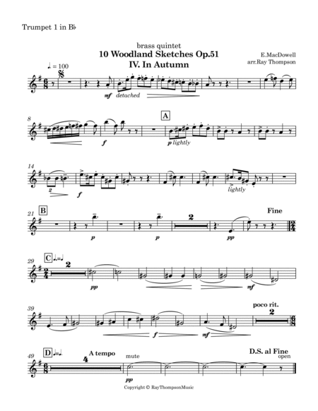 MacDowell: Woodland Sketches Op.51 No.4 "In Autumn"- brass quintet image number null